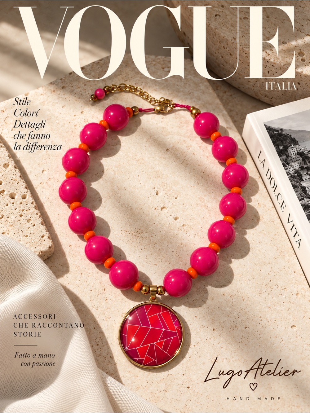 LugoAtelier Hot Pink & Orange Beaded Pendant Necklace